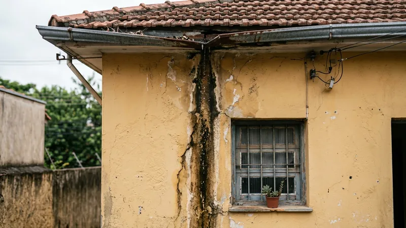 Água escorrendo pela parede por infiltração causada por falha nas calhas
