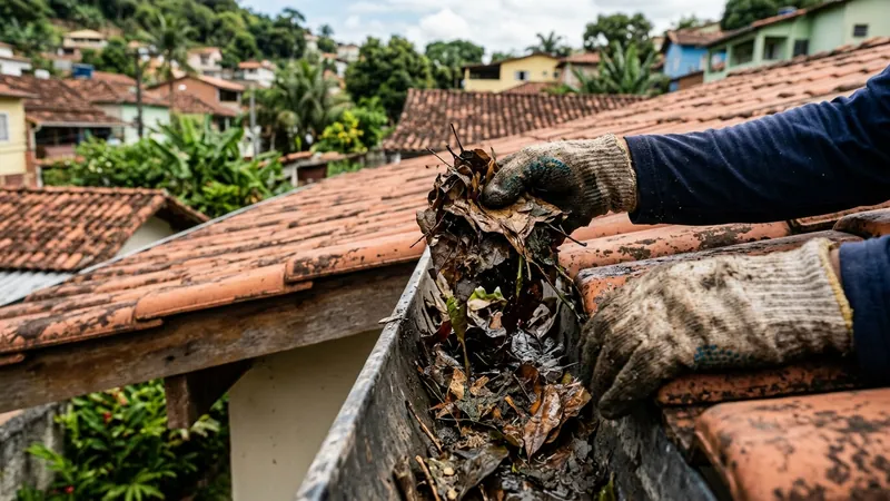 Limpeza de calhas removendo folhas e sujeira acumuladas