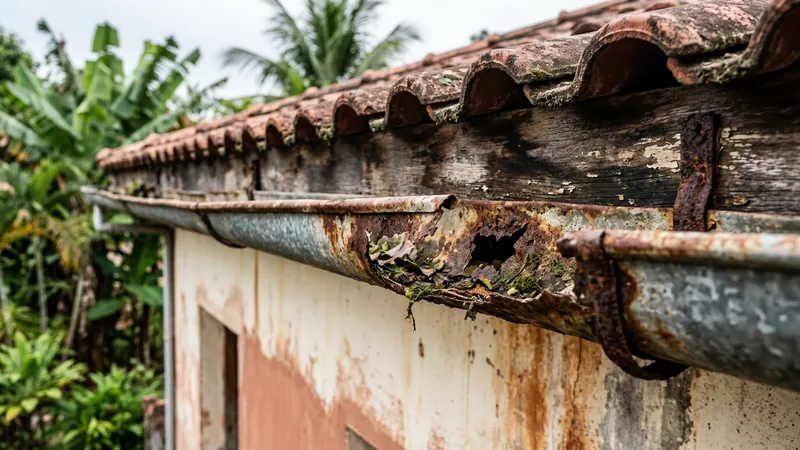 Calha antiga oxidada com sinais de degradação exigindo troca