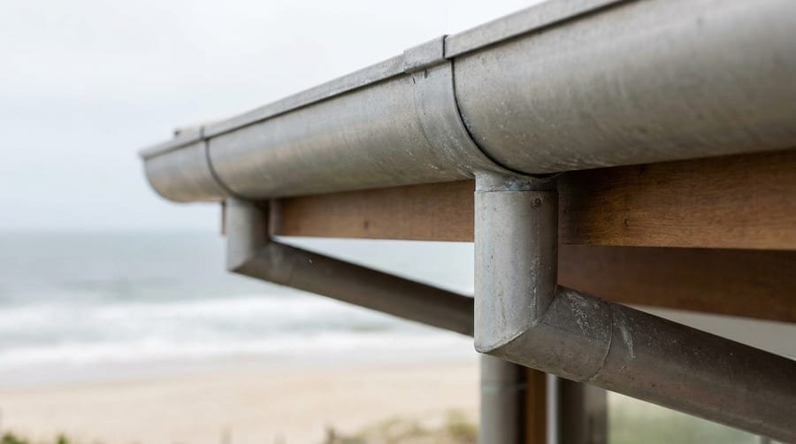 Calha de alumínio instalada em casa próxima ao mar em Florianópolis, com vista para o litoral