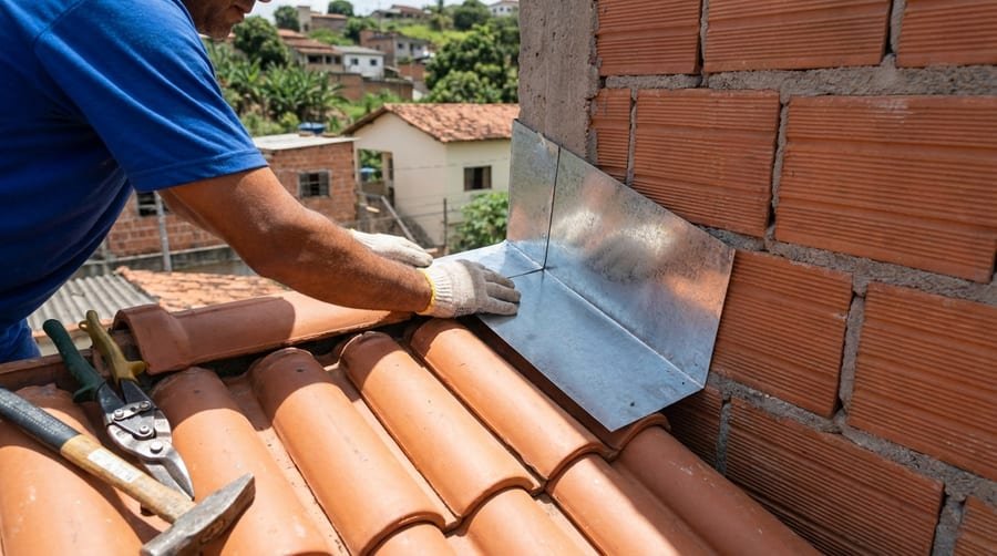 Rufo de encosto em chapa galvanizada instalado na junção telhado-parede em Florianópolis