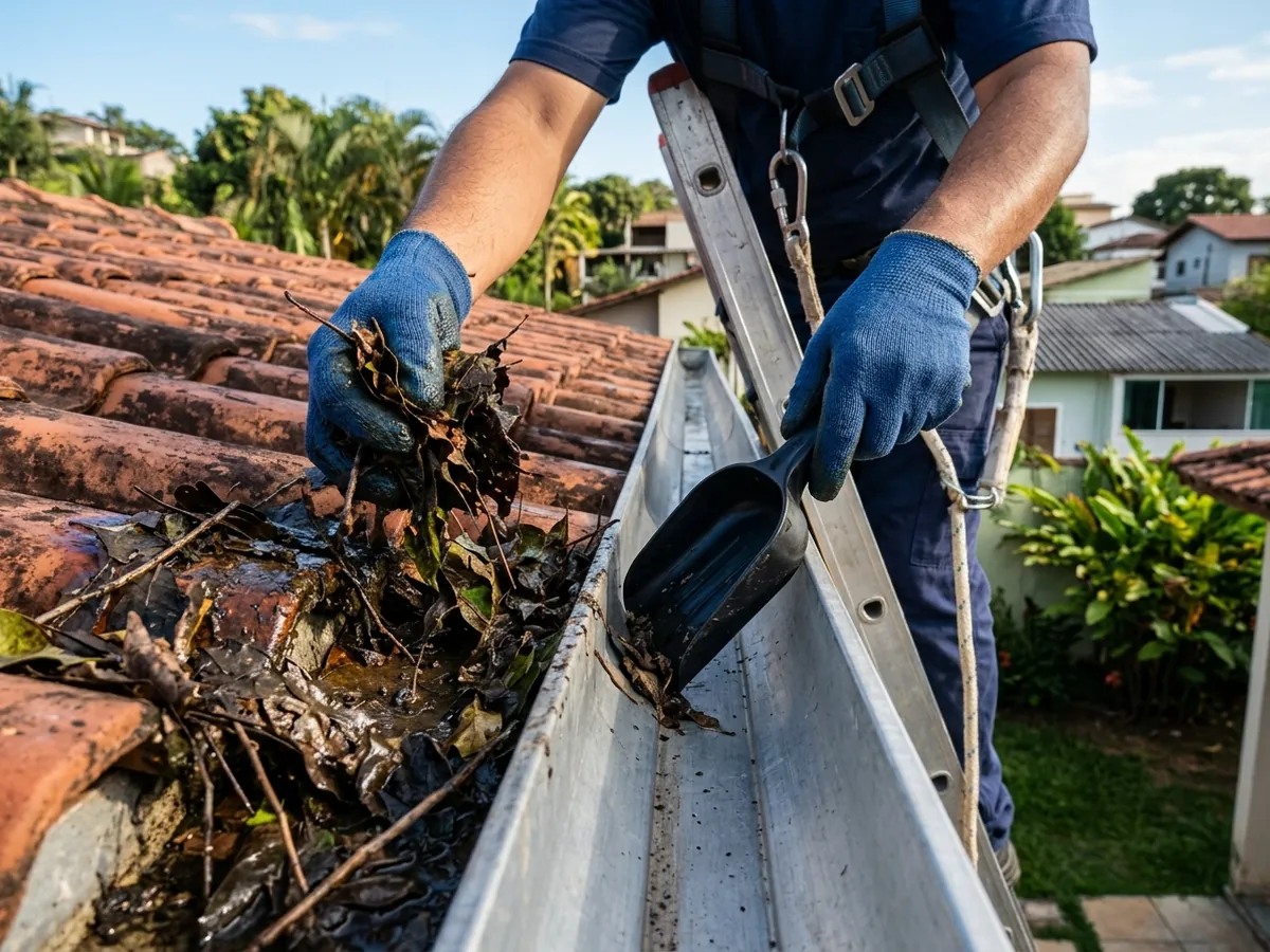 Limpeza de calhas removendo folhas e sujeira em telhado residencial